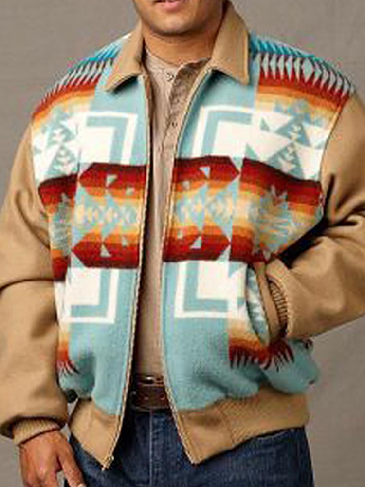 Men's Fashion Turndown Collar Printed Color Long Sleeve Jacket