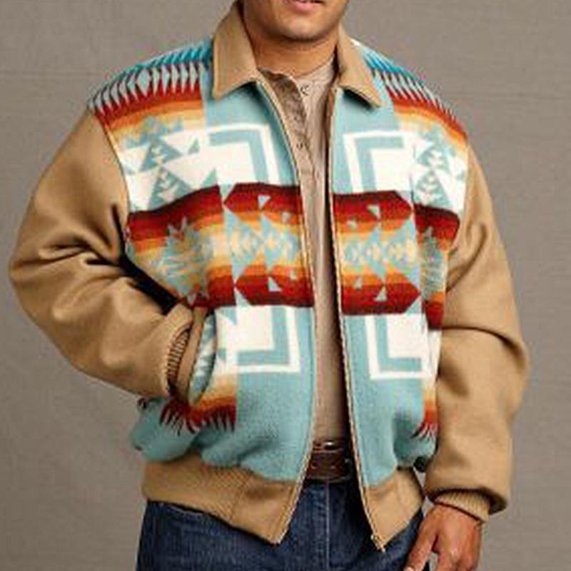 Men's Fashion Turndown Collar Printed Color Long Sleeve Jacket