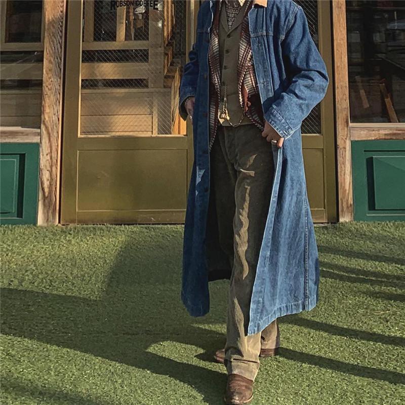 Men's Solid Color Long Denim Trench Coat