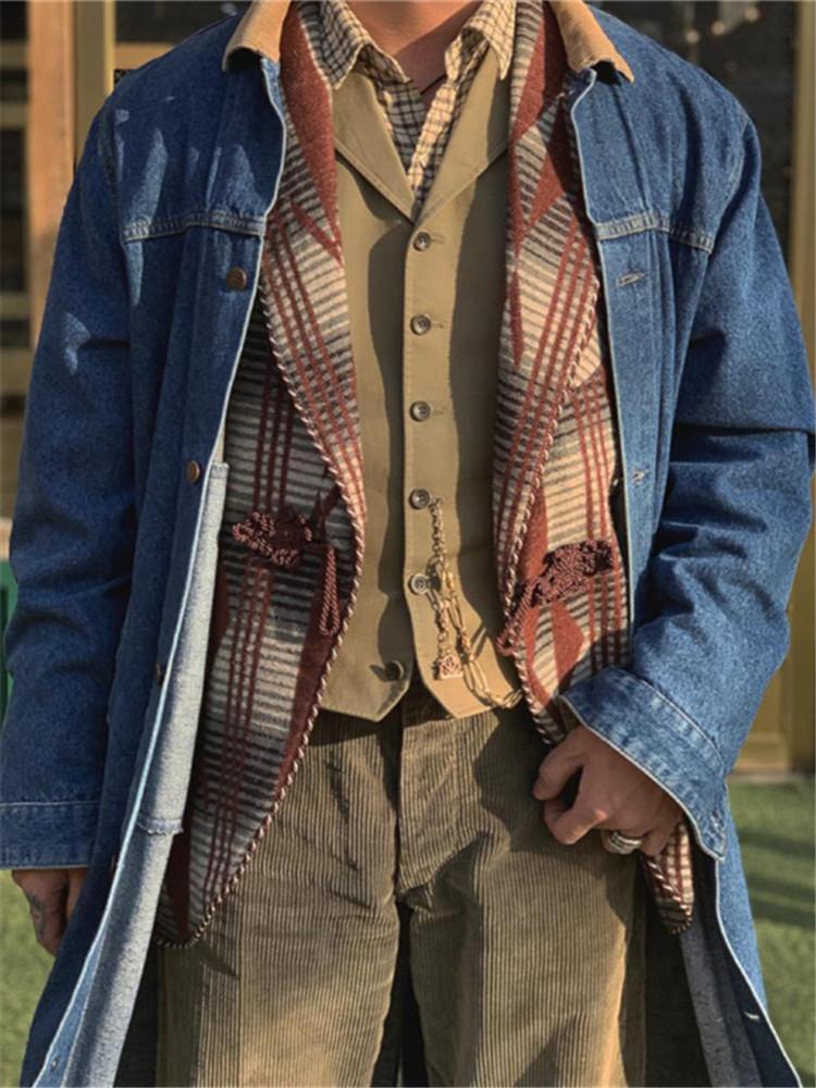 Men's Solid Color Long Denim Trench Coat