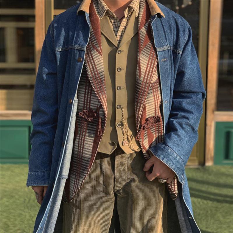 Men's Solid Color Long Denim Trench Coat