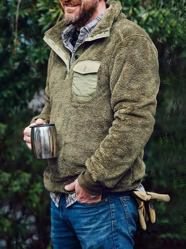 Casual Plain Decorated Button Pocket Sweater