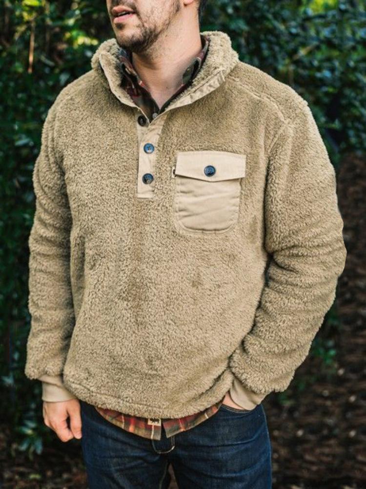 Casual Plain Decorated Button Pocket Sweater