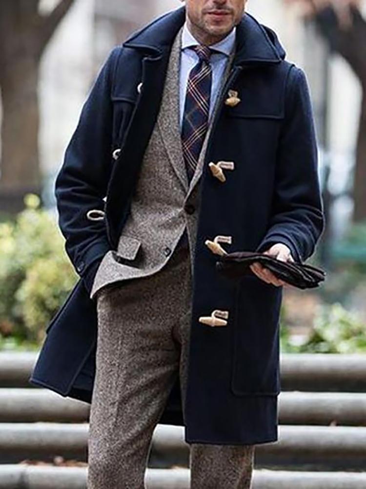 College Style Lapel Horn Buckle Coat