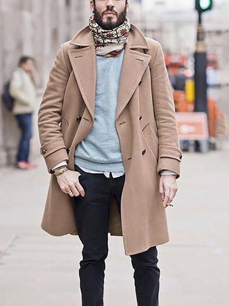 Fashion Casual Pure Colour Lapel Woolen Coat