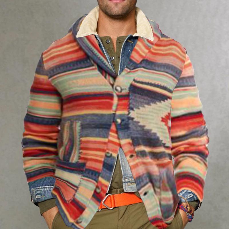 Vintage Casual Rainbow Striped Lapel Sweater Cardigan