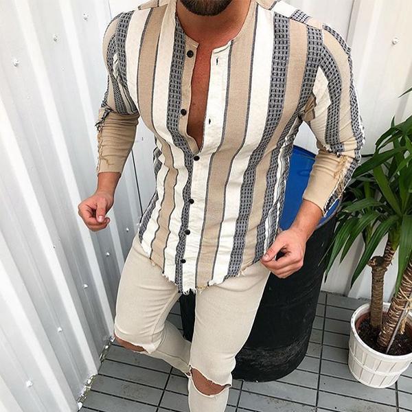 Casual Stripe Splicing Slim Fit Long Sleeve Shirt