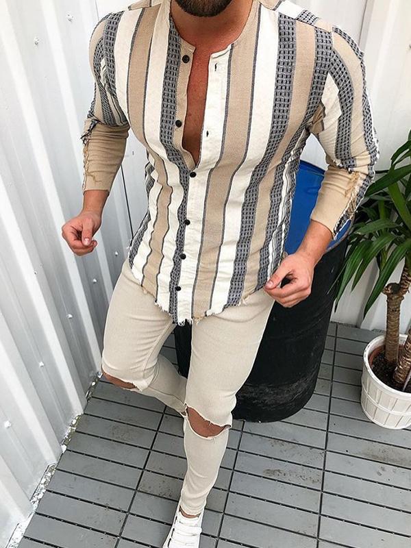 Casual Stripe Splicing Slim Fit Long Sleeve Shirt