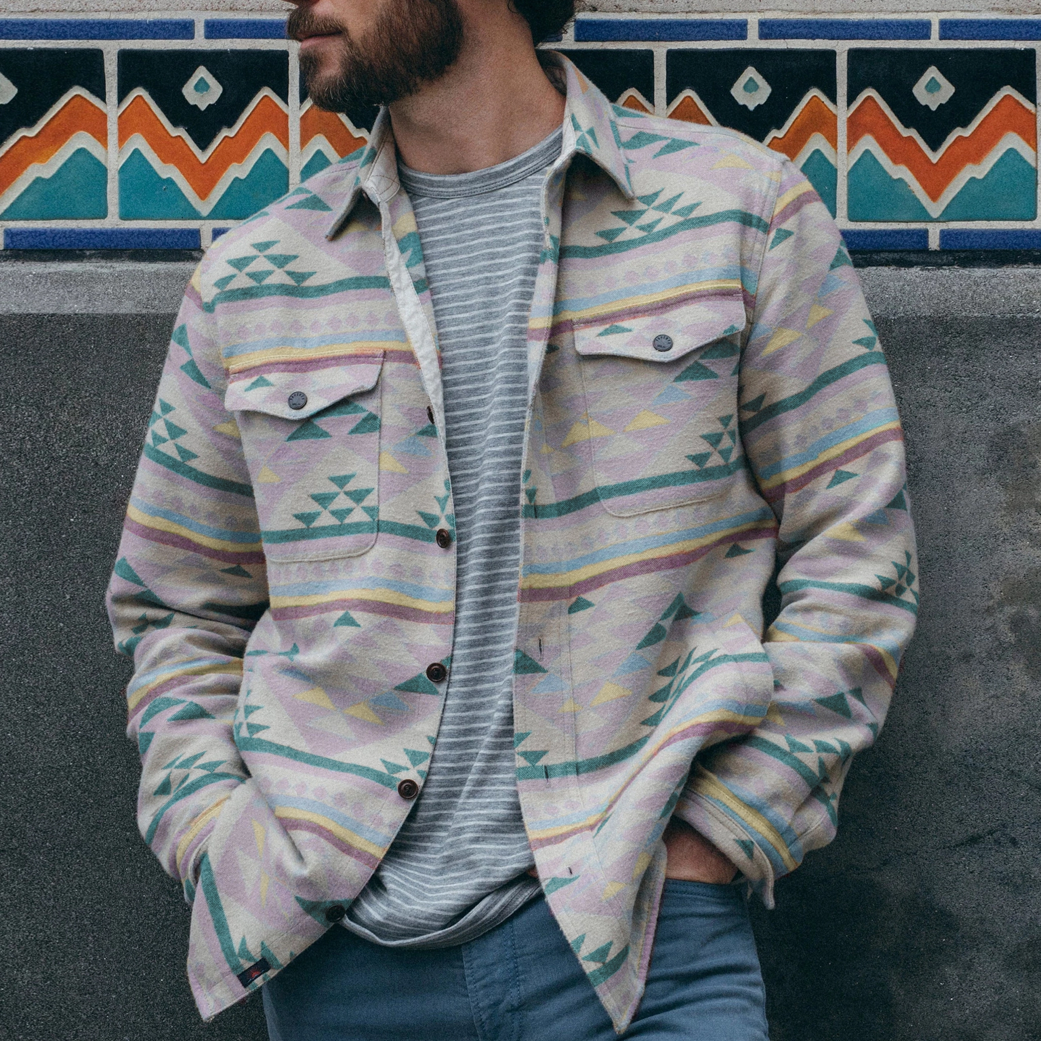 Fashion Printed Lapel Flap Pocket Shirt