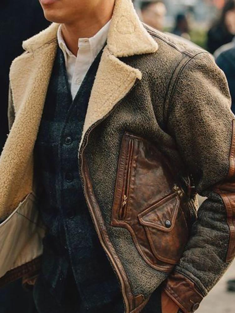 Men's Casual Plush Lapel Stitching Leather Jacket
