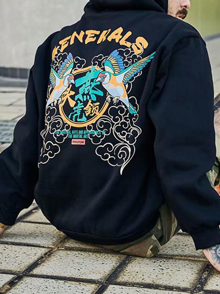 Chinese style hooded printed white plus velvet sweater