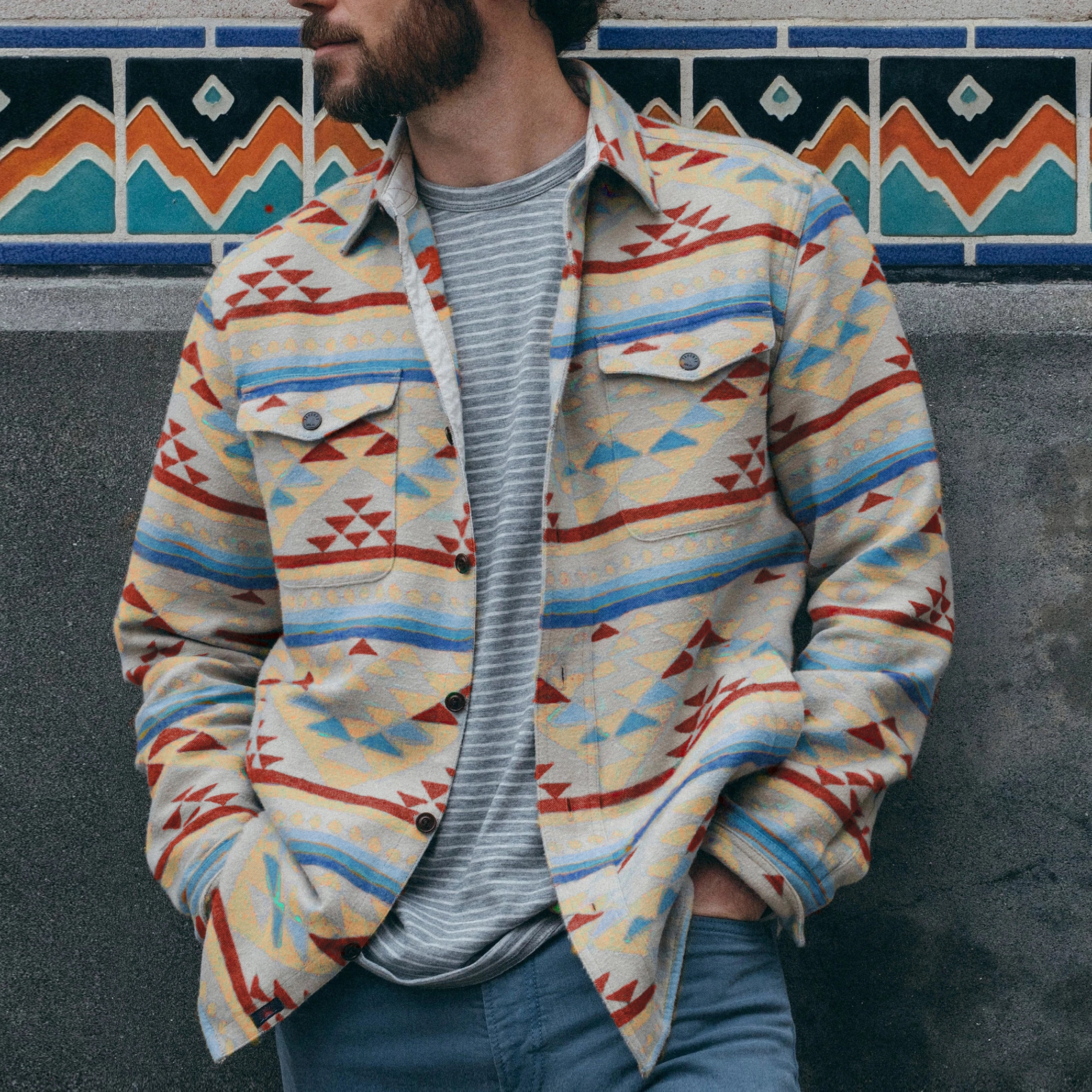 Fashion Printed Lapel Flap Pocket Shirt