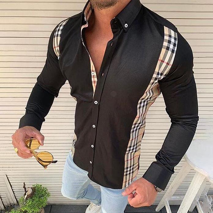 Fashion Splicing Lattice Turndown Collar Shirt