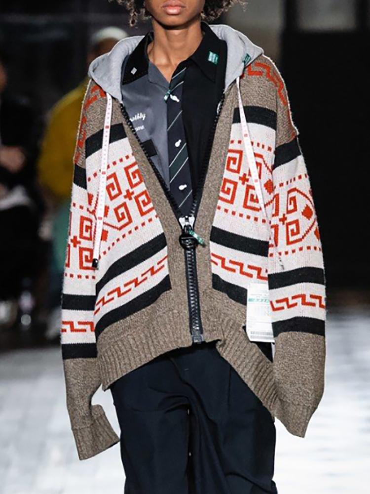 Fashion Contrast Color Pattern Hooded Sweater Coat