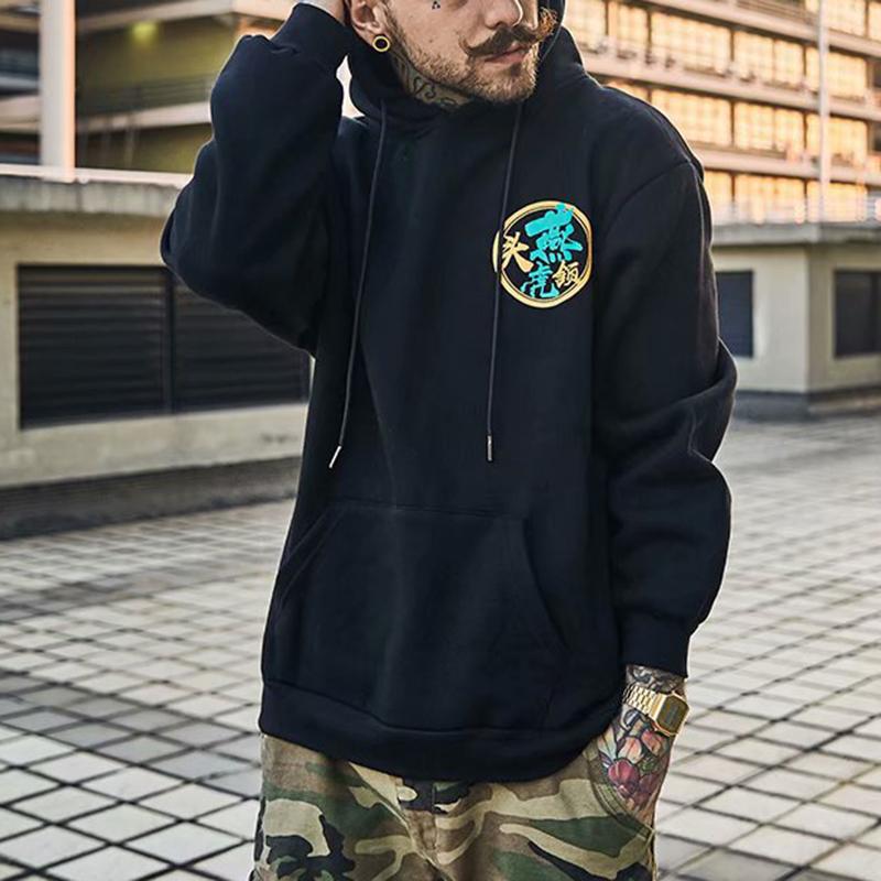 Chinese style hooded printed white plus velvet sweater