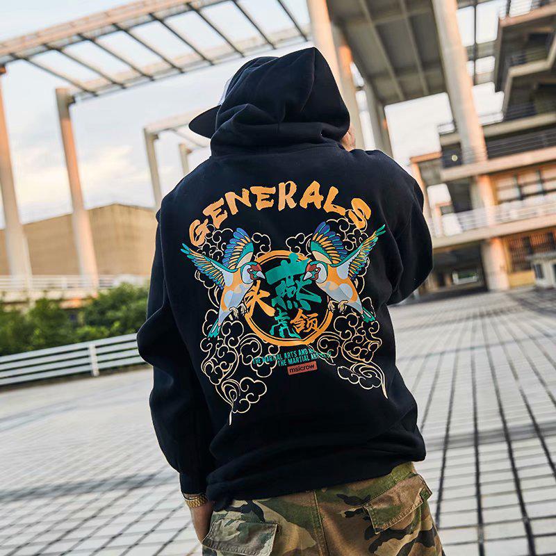 Chinese style hooded printed white plus velvet sweater