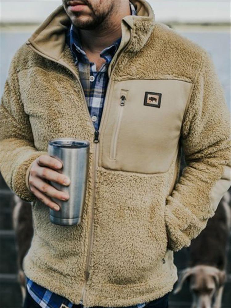 Mens stand collar outdoor plush long sleeve coat