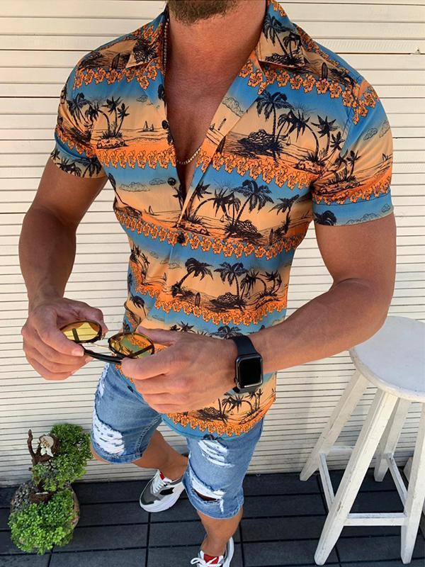 Vacation Style Colorblock Coconut Palm Printed Short Sleeve Shirts