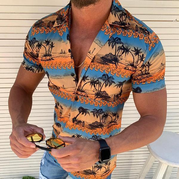 Vacation Style Colorblock Coconut Palm Printed Short Sleeve Shirts