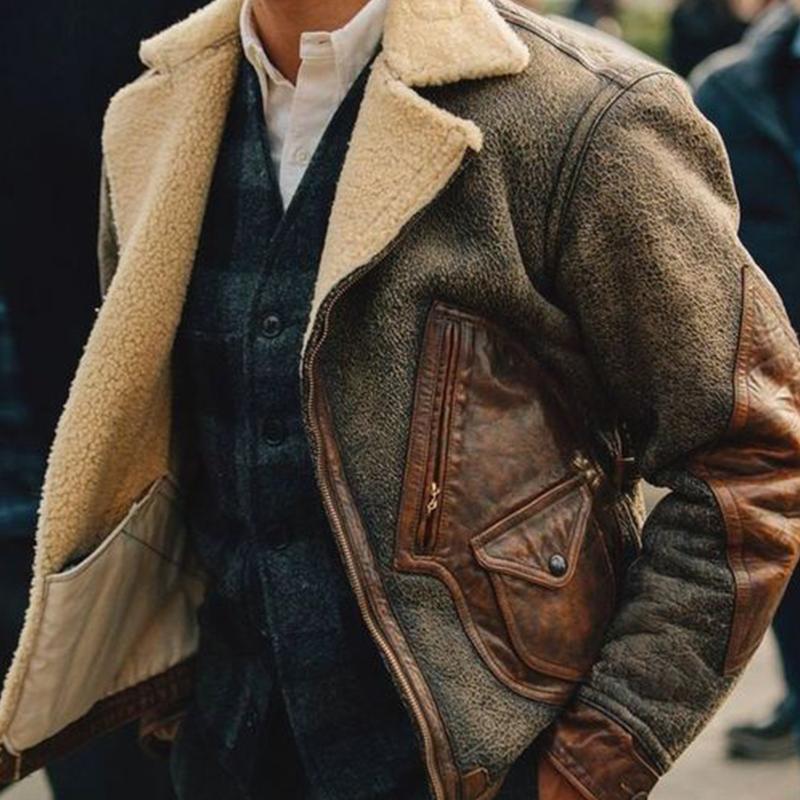Men's Casual Plush Lapel Stitching Leather Jacket