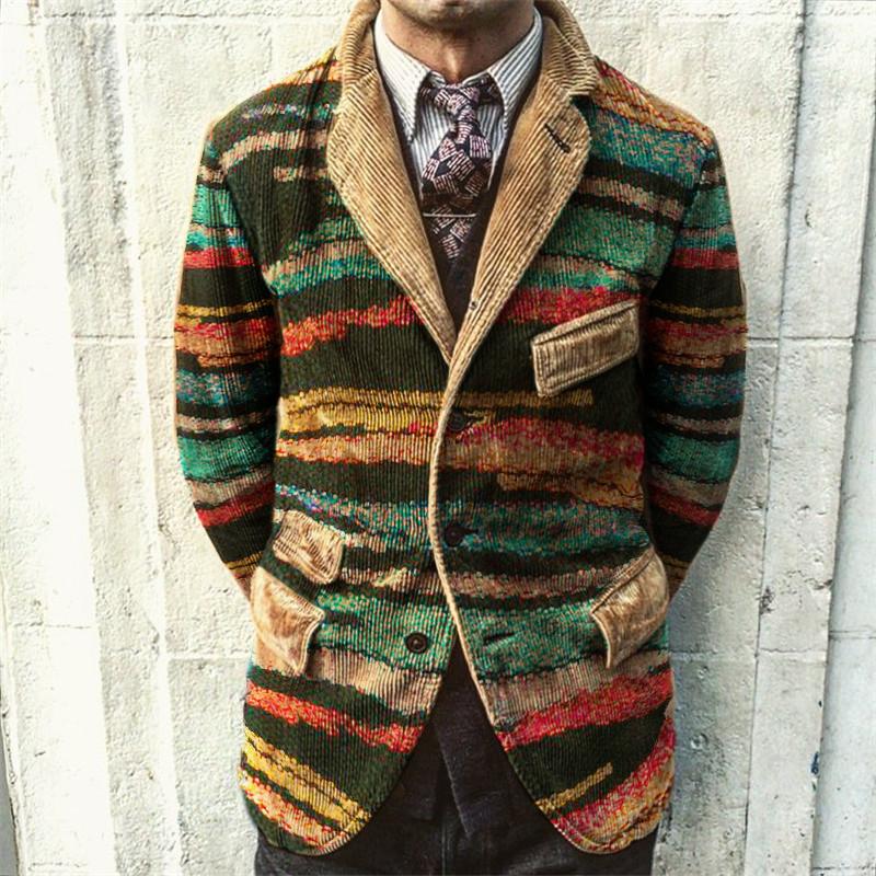 Vintage Casual Rainbow Print Corduroy Jacket