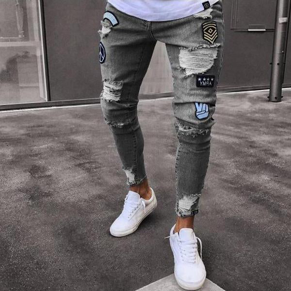 Fashion Embroidered Badge Elastic Shredded Young Slim Jeans
