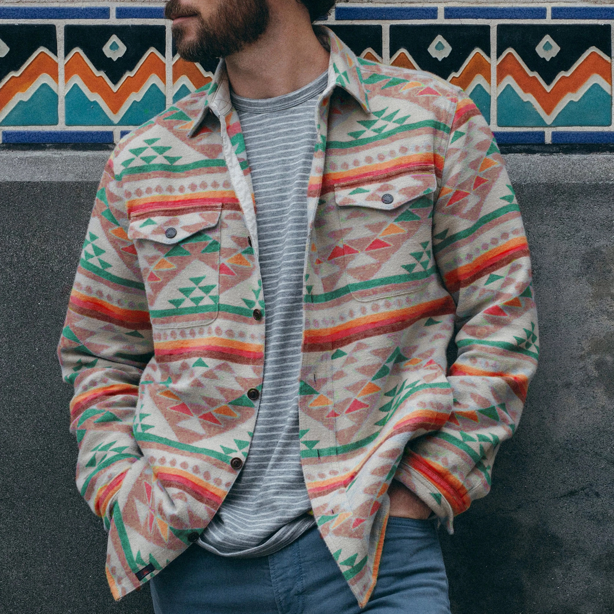 Fashion Printed Lapel Flap Pocket Shirt