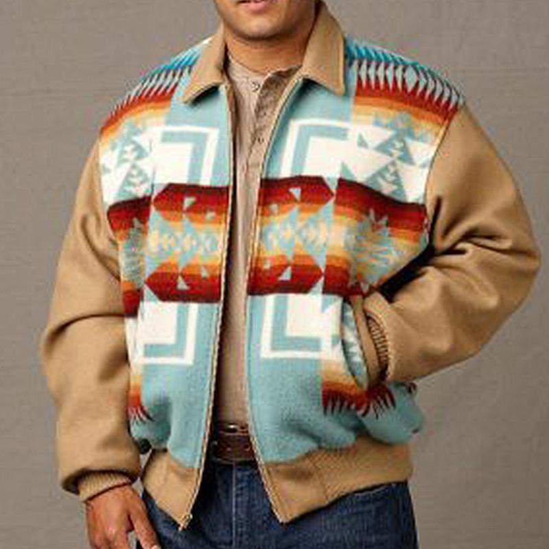 Men's Fashion Turndown Collar Printed Color Long Sleeve Jacket