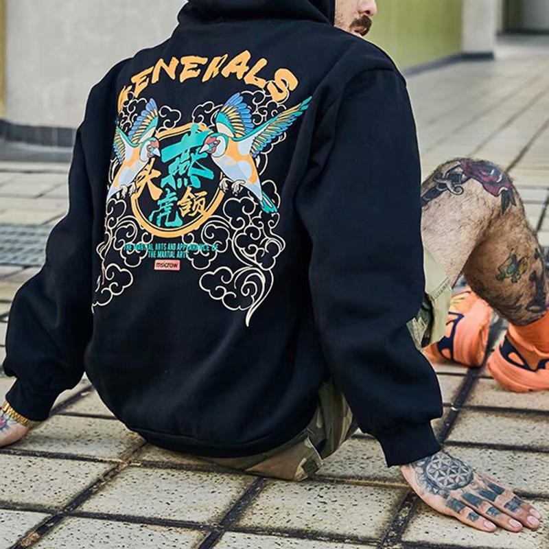 Chinese style hooded printed white plus velvet sweater