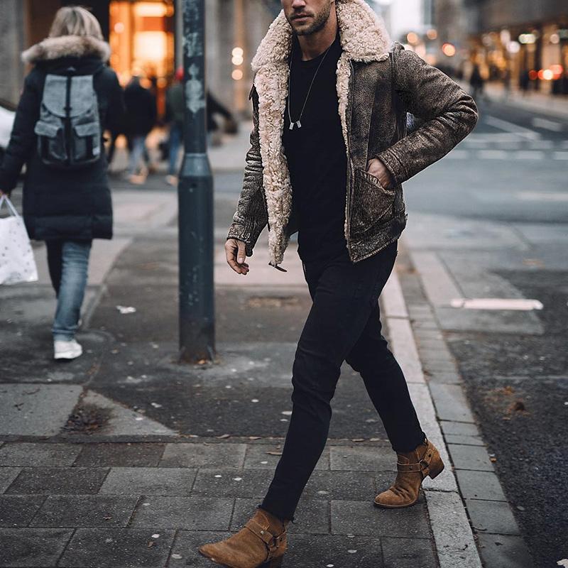 Stylish long sleeves fur vintage leather hooded jacket