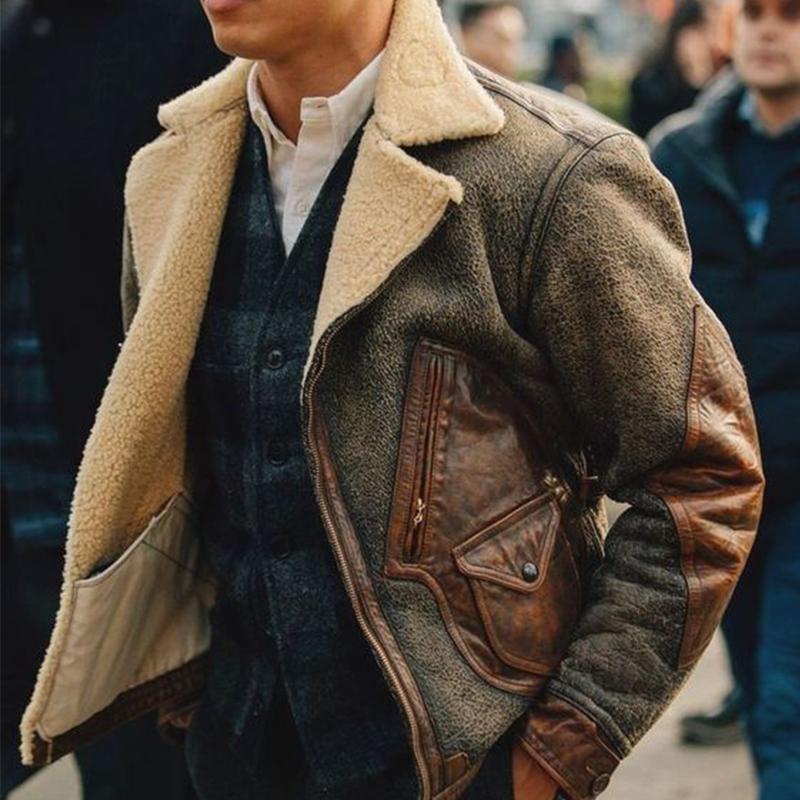 Men's Casual Plush Lapel Stitching Leather Jacket