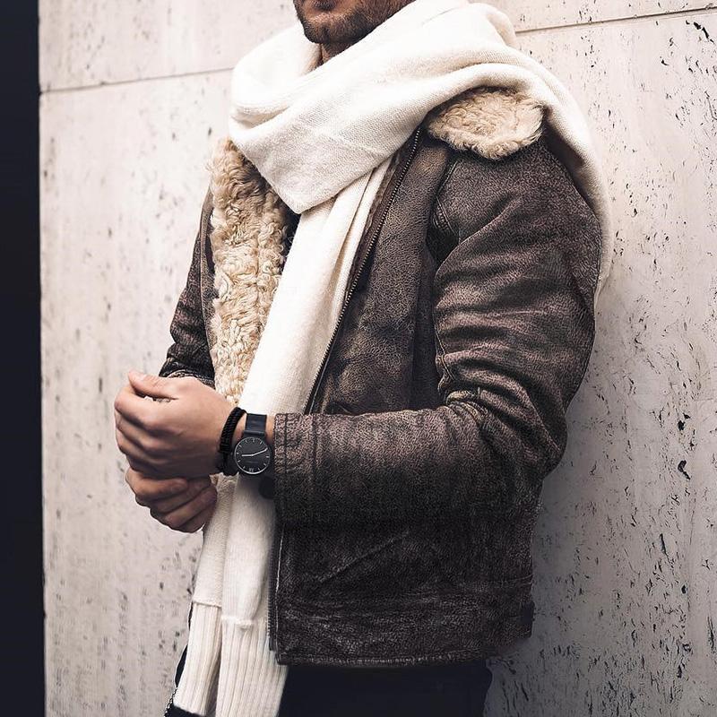 Stylish long sleeves fur vintage leather hooded jacket