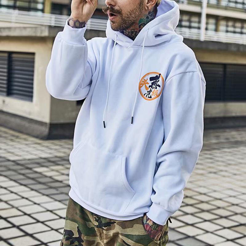 Chinese style hooded printed white plus velvet sweater