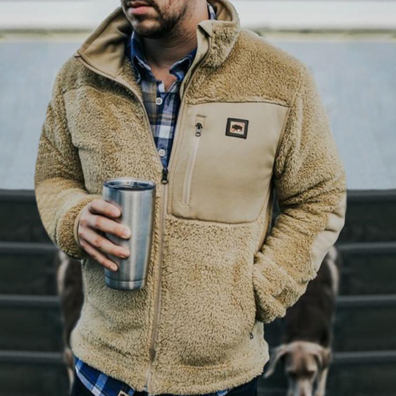 Mens stand collar outdoor plush long sleeve coat