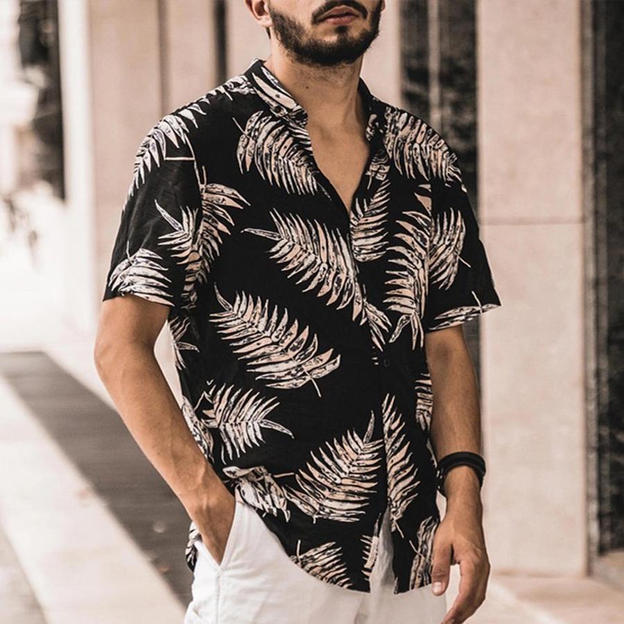Summer Stand Collar Tropical Plant Print Short Sleeve Shirt