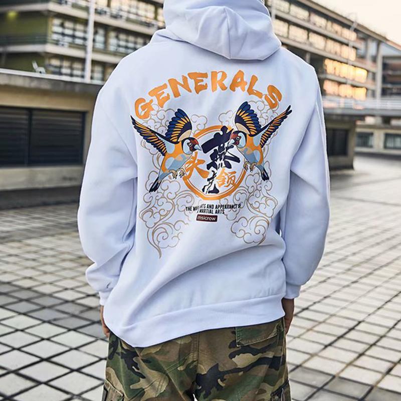 Chinese style hooded printed white plus velvet sweater