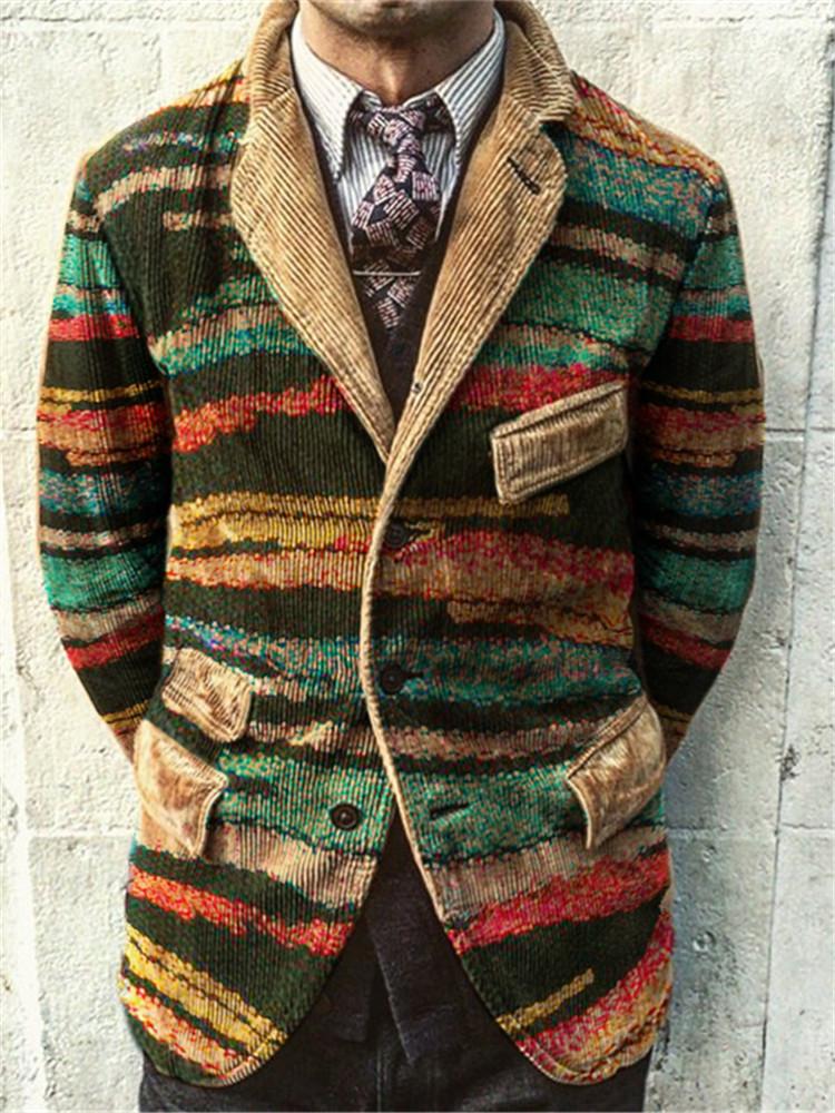 Vintage Casual Rainbow Print Corduroy Jacket
