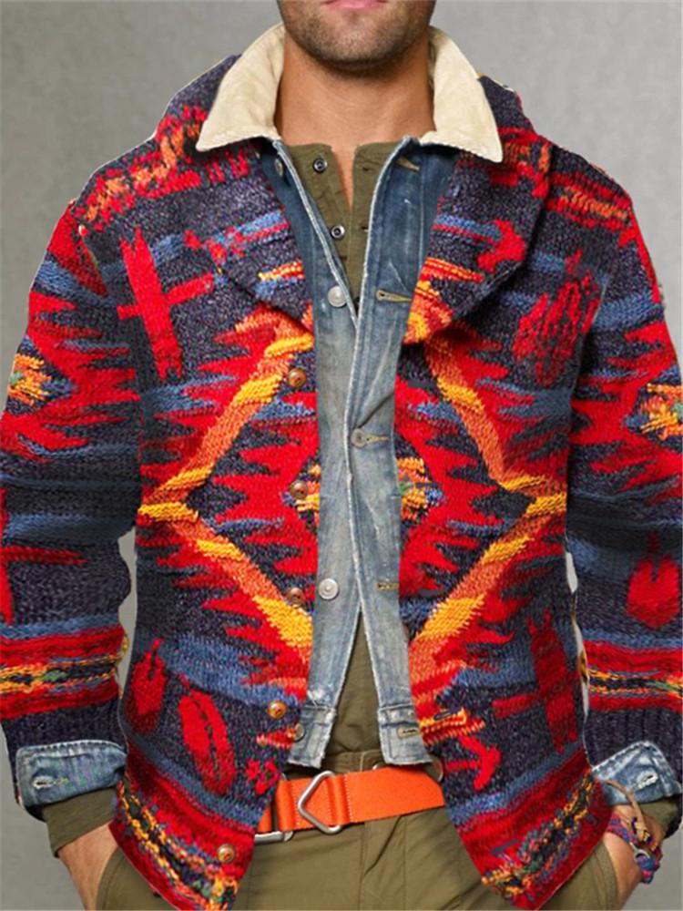 Vintage Shawl Collar Geometric Print Sweater Cardigan