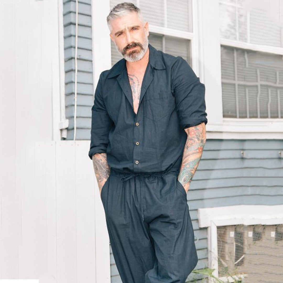 Chic Lapel Plain Defined Waist Loose Jumpsuit